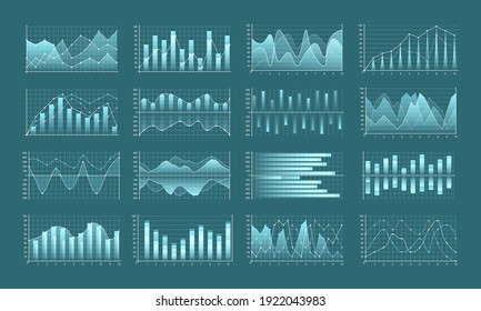 Set of graphs and charts. Infographic icons including clustered column, stacked, bar, line, marked, area. Business data market.