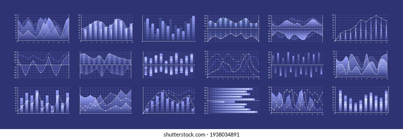 Set of graphs and charts. Infographic icons including clustered column, stacked, bar, line, marked, area. Business data market.