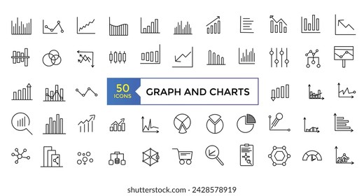 A set of graphs and charts related vector icons design. Graphics linear icon collection. 