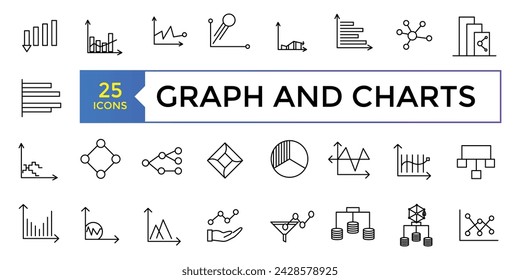 A set of graphs and charts related vector icons design. Graphics linear icon collection. 
