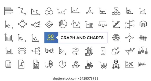 A set of graphs and charts related vector icons design. Graphics linear icon collection. 