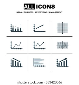 Set Of Graphs, Diagrams And Statistics Icons. Premium Quality Symbol Collection. Icons Can Be Used For Web, App And UI Design. Vector Illustration, EPS10.
