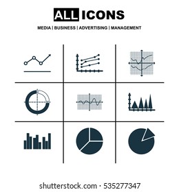Set Of Graphs, Diagrams And Statistics Icons. Premium Quality Symbol Collection. Icons Can Be Used For Web, App And UI Design.
