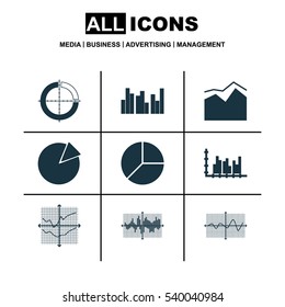 Set Of Graphs, Diagrams And Statistics Icons. Premium Quality Symbol Collection. Icons Can Be Used For Web, App And UI Design.