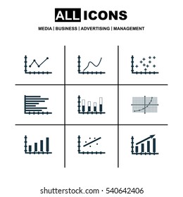 Set Of Graphs, Diagrams And Statistics Icons. Premium Quality Symbol Collection. Icons Can Be Used For Web, App And UI Design.