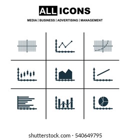 Set Of Graphs, Diagrams And Statistics Icons. Premium Quality Symbol Collection. Icons Can Be Used For Web, App And UI Design.
