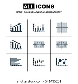 Set Of Graphs, Diagrams And Statistics Icons. Premium Quality Symbol Collection. Icons Can Be Used For Web, App And UI Design.