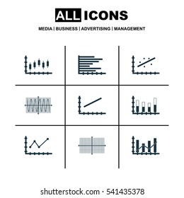 Set Of Graphs, Diagrams And Statistics Icons. Premium Quality Symbol Collection. Icons Can Be Used For Web, App And UI Design.