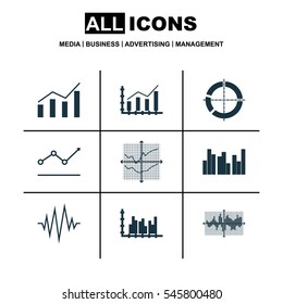 Set Of Graphs, Diagrams And Statistics Icons. Premium Quality Symbol Collection. Icons Can Be Used For Web, App And UI Design.