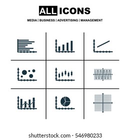 Set Of Graphs, Diagrams And Statistics Icons. Premium Quality Symbol Collection. Icons Can Be Used For Web, App And UI Design.
