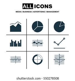 Set Of Graphs, Diagrams And Statistics Icons. Premium Quality Symbol Collection. Icons Can Be Used For Web, App And UI Design.