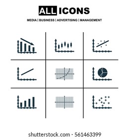 Set Of Graphs, Diagrams And Statistics Icons. Premium Quality Symbol Collection. Icons Can Be Used For Web, App And UI Design.