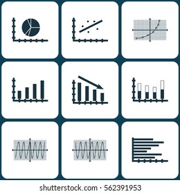 Set Of Graphs, Diagrams And Statistics Icons. Premium Quality Symbol Collection. Icons Can Be Used For Web, App And UI Design.