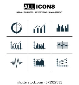 Set Of Graphs, Diagrams And Statistics Icons. Premium Quality Symbol Collection. Icons Can Be Used For Web, App And UI Design.