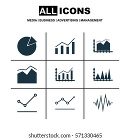 Set Of Graphs, Diagrams And Statistics Icons. Premium Quality Symbol Collection. Icons Can Be Used For Web, App And UI Design.
