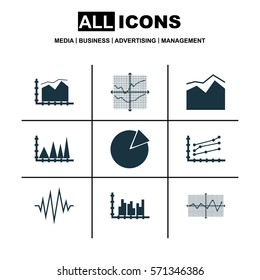 Set Of Graphs, Diagrams And Statistics Icons. Premium Quality Symbol Collection. Icons Can Be Used For Web, App And UI Design.