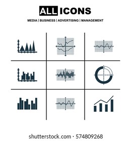 Set Of Graphs, Diagrams And Statistics Icons. Premium Quality Symbol Collection. Icons Can Be Used For Web, App And UI Design.