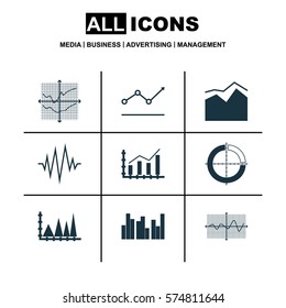 Set Of Graphs, Diagrams And Statistics Icons. Premium Quality Symbol Collection. Icons Can Be Used For Web, App And UI Design.