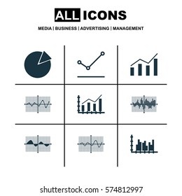 Set Of Graphs, Diagrams And Statistics Icons. Premium Quality Symbol Collection. Icons Can Be Used For Web, App And UI Design.