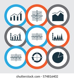 Set Of Graphs, Diagrams And Statistics Icons. Premium Quality Symbol Collection. Icons Can Be Used For Web, App And UI Design.