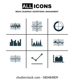 Set Of Graphs, Diagrams And Statistics Icons. Premium Quality Symbol Collection. Icons Can Be Used For Web, App And UI Design.