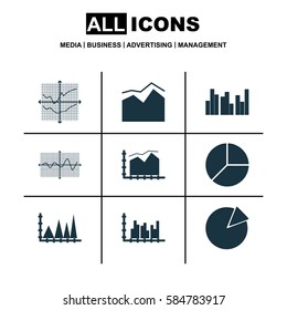 Set Of Graphs, Diagrams And Statistics Icons. Premium Quality Symbol Collection. Icons Can Be Used For Web, App And UI Design.