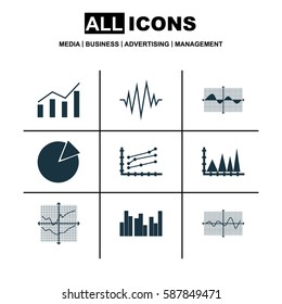 Set Of Graphs, Diagrams And Statistics Icons. Premium Quality Symbol Collection. Icons Can Be Used For Web, App And UI Design.