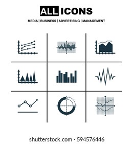 Set Of Graphs, Diagrams And Statistics Icons. Premium Quality Symbol Collection. Icons Can Be Used For Web, App And UI Design.