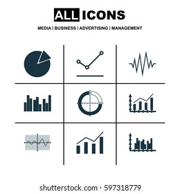 Set Of Graphs, Diagrams And Statistics Icons. Premium Quality Symbol Collection. Icons Can Be Used For Web, App And UI Design.