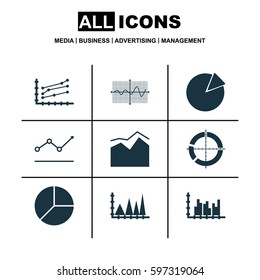 Set Of Graphs, Diagrams And Statistics Icons. Premium Quality Symbol Collection. Icons Can Be Used For Web, App And UI Design.