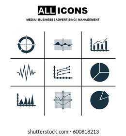 Set Of Graphs, Diagrams And Statistics Icons. Premium Quality Symbol Collection. Icons Can Be Used For Web, App And UI Design.