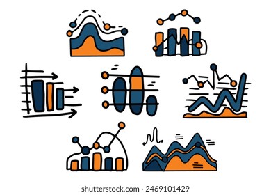 A set of graphs with different shapes and sizes. The graphs are drawn in black and white and have arrows pointing to them