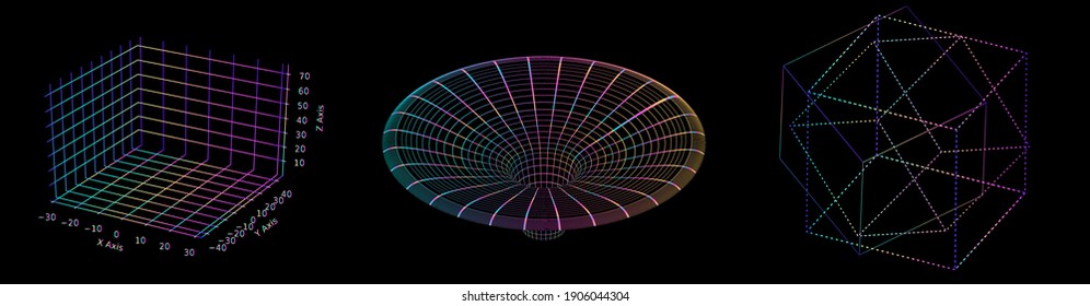 A set of graphs and elements created by generative art algorithms.