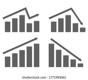 Un conjunto de gráficos de alza y caída de precios. Diagrama de vectores con flecha y columnas, ilustración plana