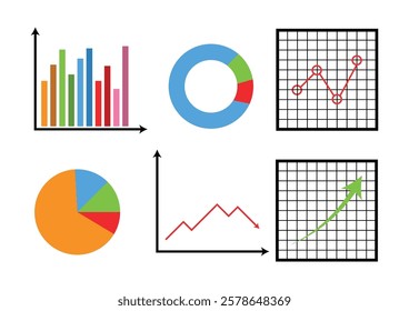 Set of graphs such as bar and pie chart, line graph on a white background.
