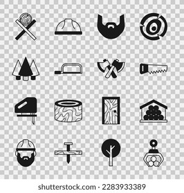Set Grapple crane grabbed a log, Wooden logs, Hand saw, Mustache beard, Hacksaw, Christmas tree, on stand and axe icon. Vector