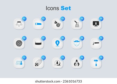 Set Grapple crane grabbed a log, Two-handed saw, Hand, Wooden, Hammer, Tree stump and Location of the forest icon. Vector
