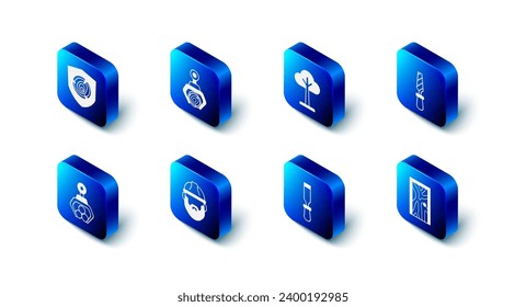 Set Grapple crane grabbed a log, Tree, Rasp metal file, Closed door, Chisel tool, Lumberjack,  and Wooden logs icon. Vector