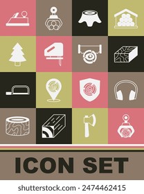 Set Grapple crane grabbed a log, Headphones, Wooden beam, Tree stump, Electric jigsaw, Christmas tree, plane tool and Two-handed and icon. Vector