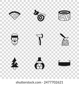 Set Grapple crane grabbed a log, Wooden axe in stump, Two-handed saw, logs, beam, Hand and Lumberjack icon. Vector