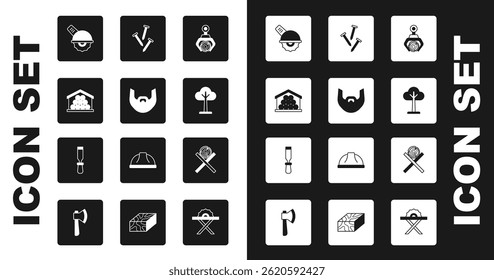Set Grapple crane grabbed a log, Mustache and beard, Wooden logs, Electric circular saw, Tree, Metallic nails, on stand and Chisel tool icon. Vector