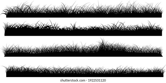 Set Of Grass Border Silhouettes, Banners Of Grassland Meadow, Vector Illustrator