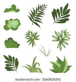 Un juego de hierba. Paquetes de hierba, una hoja verde. Un patrón de hojas sobre un fondo blanco.