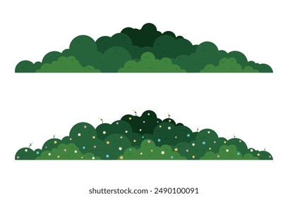 Conjunto de arbusto de hierba aislado sobre fondo blanco. Flor de arbusto verde. Colección de hierba verde. Arbusto con hermosas flores de colores. Ilustración vectorial plana.