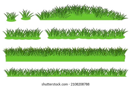 Set of Grass close-up. Green summer landscape. Rural pasture meadow. Cartoon style. Lawn. Flat design. Isolated on white background. Vector.