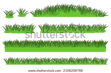 Set of Grass close-up. Green summer landscape. Rural pasture meadow. Cartoon style. Lawn. Flat design. Isolated on white background. Vector.