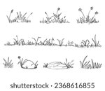 Set of grass doodle elements. Hand drawn grass field outline scribble