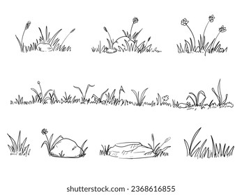 Set of grass doodle elements. Hand drawn grass field outline scribble