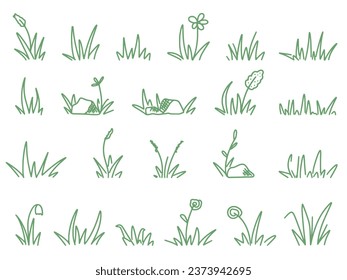 Set grass doodle sketch styles. Hand drawn grass field, wild flowers and herbs. Sprout, flower, clover elements, stones, herbal bundle, clip art vector illustration