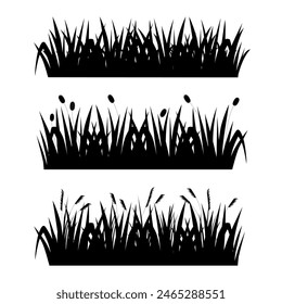 Set of grass field silhouette isolated on white background. Garden grass and wild flowers lawn horizontal elements. Vector stock